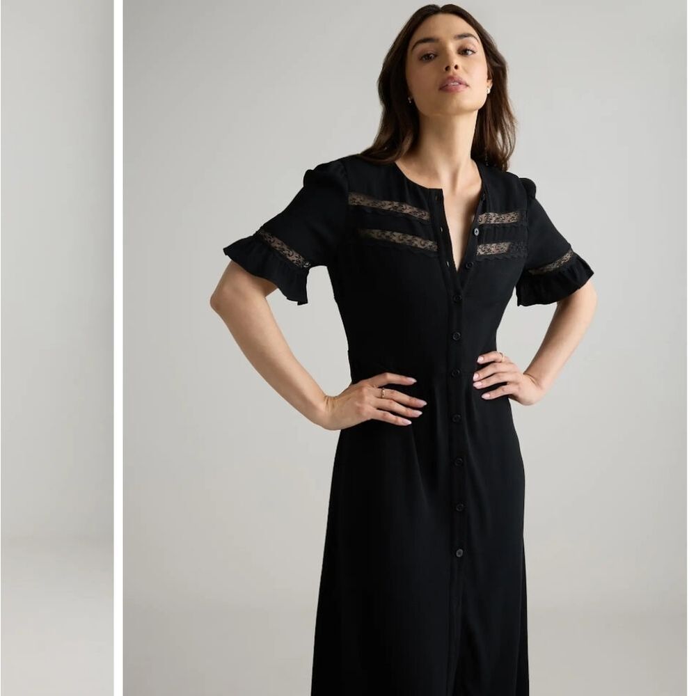 NWT Quince Dress Viscose Button Front Lace trim True Black Midi Size S - Picture 14 of 16